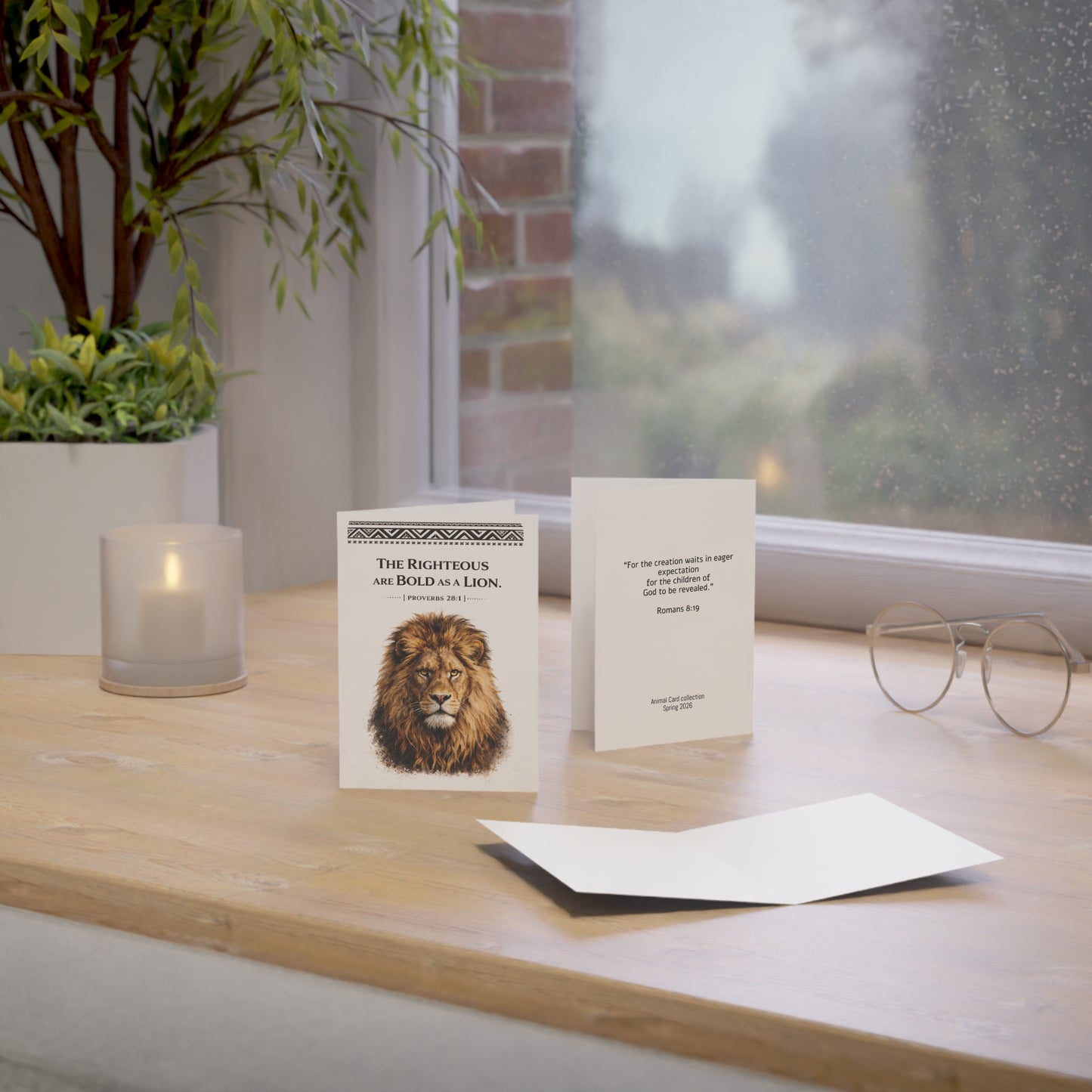 Greeting Card — Lion Illustration with Proverbs 28:1 (Christian Encouragement Card)