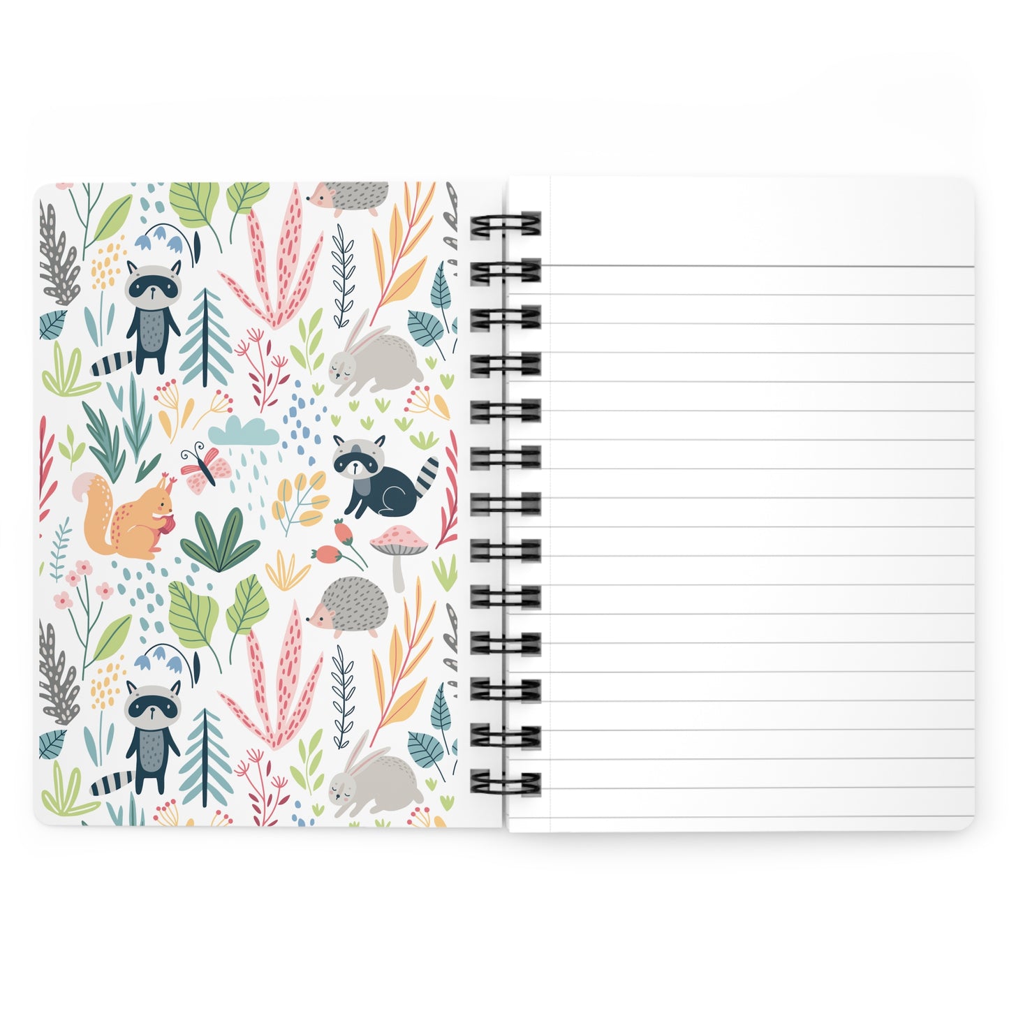Woodland Animals Spiral Journal — Cute Raccoon & Fox Pattern Notebook