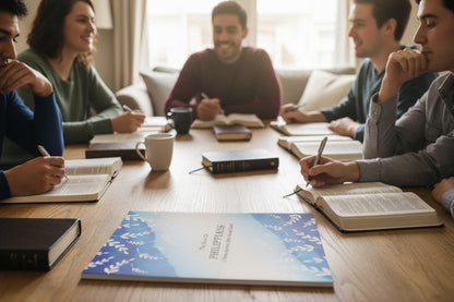 Book cover of 'The Book of Philippians' with white leaf designs on a blue background